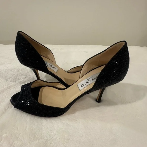 Jimmy Choo Glitter Black Peep Toe Heels - Picture 2 of 3